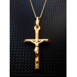 Solid 10k Yellow Gold Italy Crucifix Cross Pendant Necklace 22"